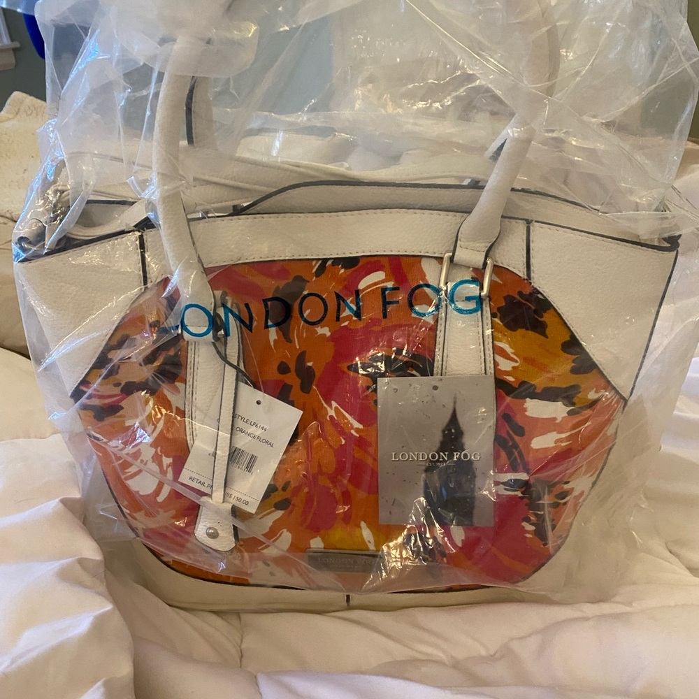London fog brand white leather bag with orange and pink floral pattern. NWT